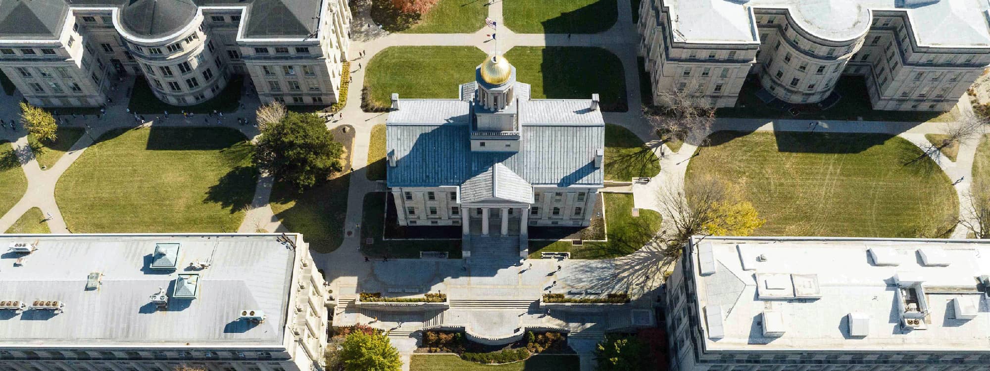 Overhead drone shot of the Capitol and the Pentacrest
