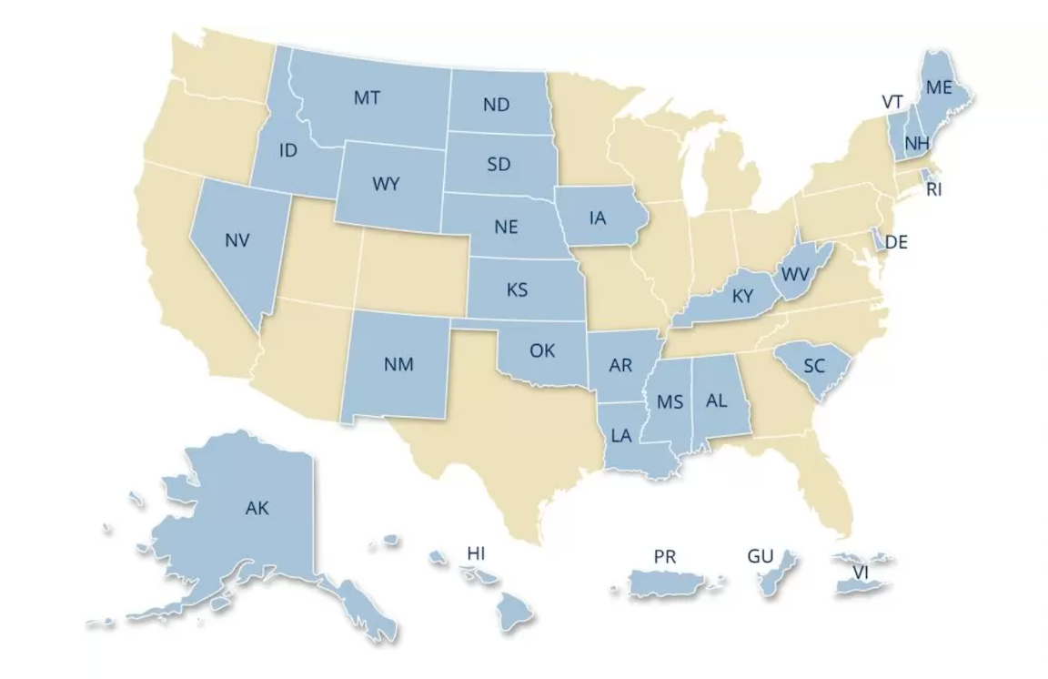 A map of the United States with some states colored in blue and some in tan. The states in blue are eligible including: AL, AK, AR, DE, HI, ID, IA, KS, KY, LA, ME, MS, MT, NE, NV, NH, NM, ND, OK, PR, RI, SC, SD, VI, VT, WV, WY, and GU.