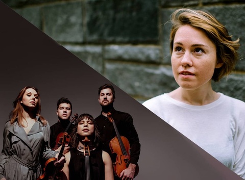 Composite image of Caroline Shaw and the musicians of the Attacca Quartet