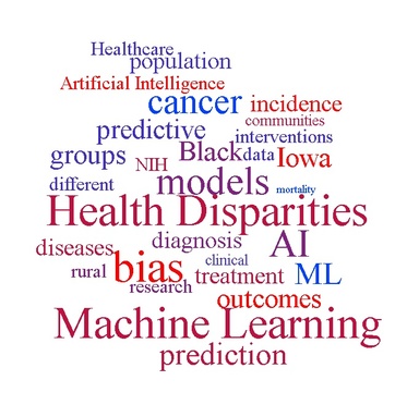 word cloud of words such as health disparities, machine learning, cancer, and bias