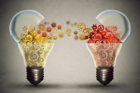 merging ideas and lightbulbs in yellow and red