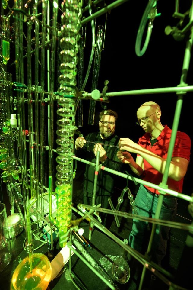 two researchers work together on musical chemistry apparatus Musical Chemistry project