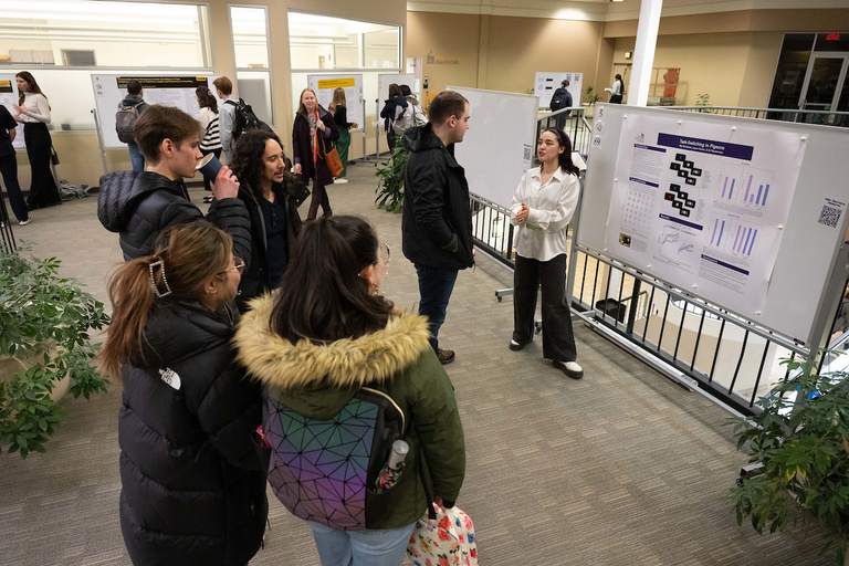 Students view posters during SURF