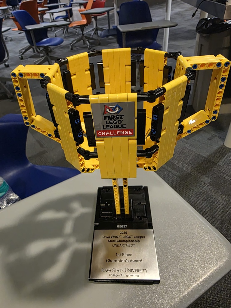 trophy for the first place in the Champion’s Award at the Iowa Lego State Competition