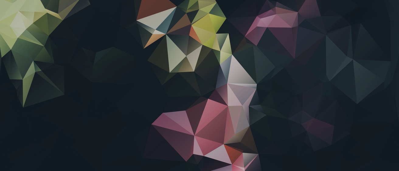 An abstract image formed by large triangles of dark green, dark pink, and black.
