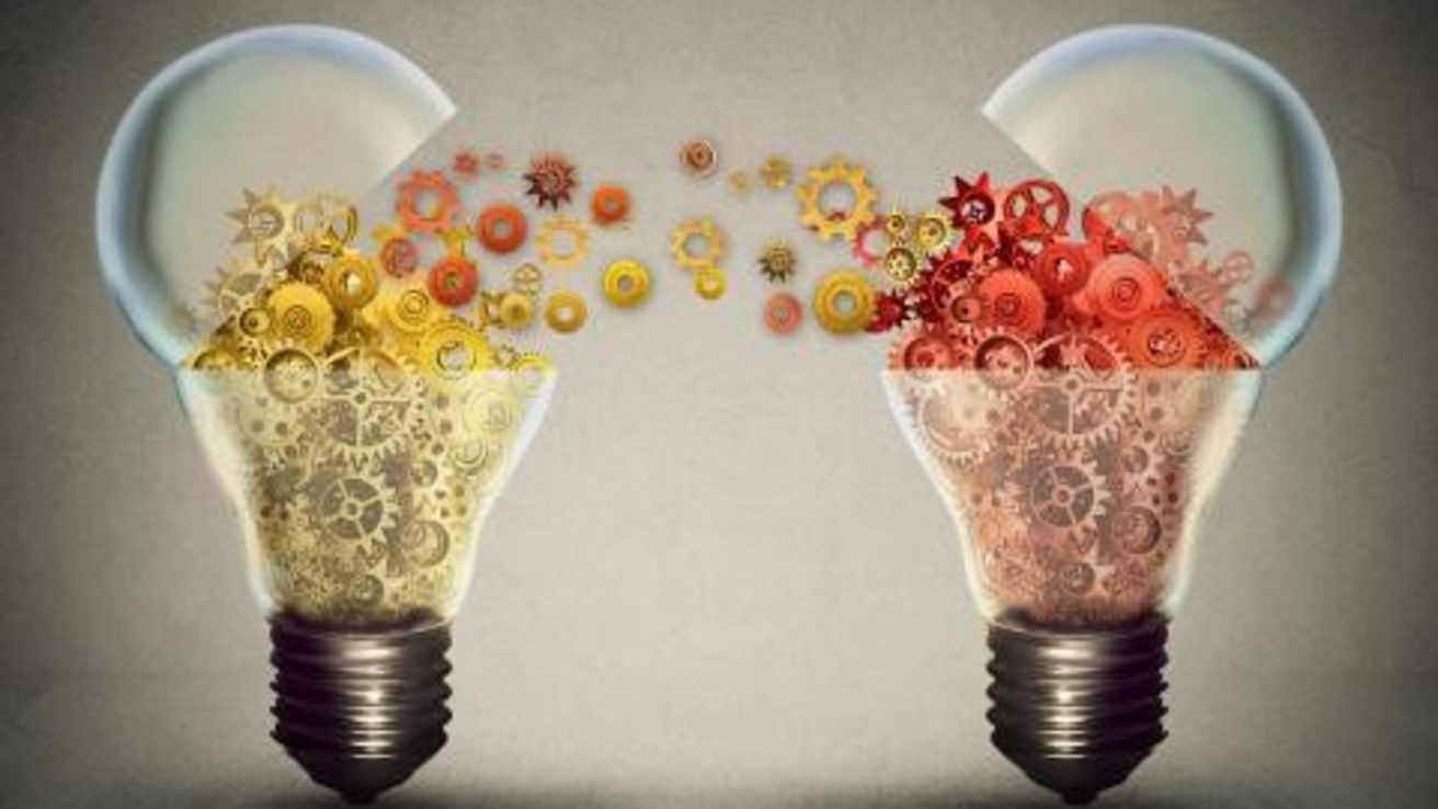 merging ideas and lightbulbs in yellow and red