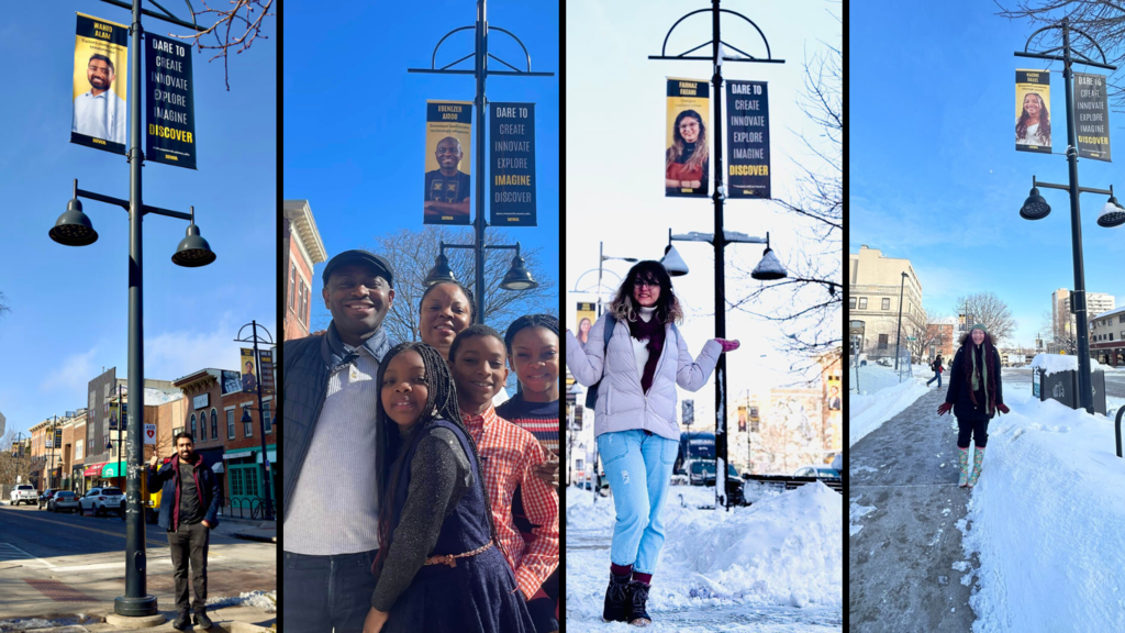 Collage of researchers with downtown banners